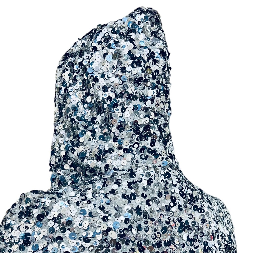 LOVE MOSCHINO METALLIC Sequins Silver Hoodie Size 2 US 96% Cotton 4% Elastane - Picture 15 of 16